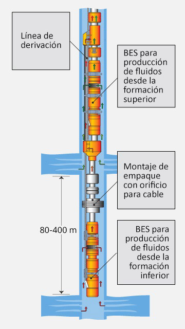 Ilustración de sistema dual con BES que se utiliza en una operación de inyección durante la producción